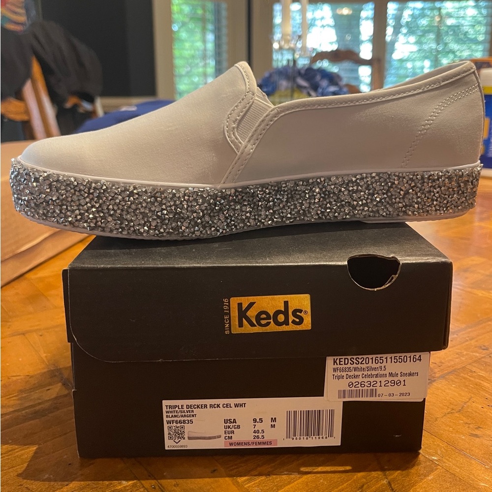 Keds Womens White/Sparkle Slip-On Sneakers with Glitter Sole